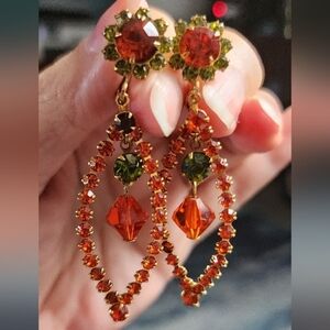 Vintage Orange & Green Rhinestone Chandelier Clip On Earrings